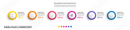 Infographic vector template for business. 3D paper label with 6 circles and steps. Flat modern timeline for content, diagram, presentation, workflow, chart.