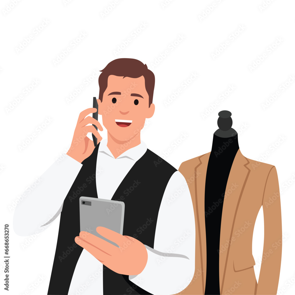 Young man tailor talking on smartphone reading notebook at atelier. Flat vector illustration isolated on white background