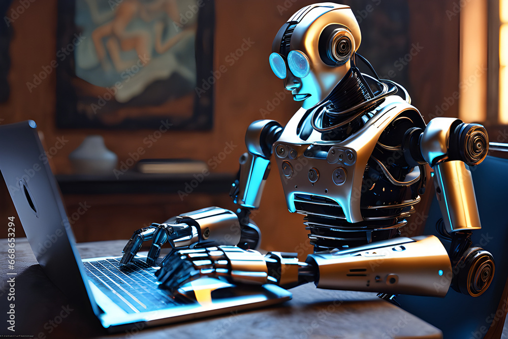 A futuristic robot, along with a laptop chat bot, is typing and learning A futuristic robot, along with a laptop chat bot, is typing and learning