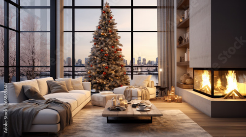 Cozy New Year's living room interior with a Christmas tree decorated with garland on Christmas Eve. Style concept. Christmas.