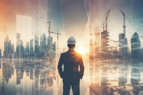 Double exposure image of construction worker holding safety helmet and construction the .AI generated