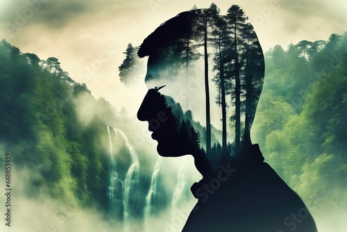 Double exposure silhouette head portrait of a thoughtful man combined with photograph of forest waterfall landscape.AI generated