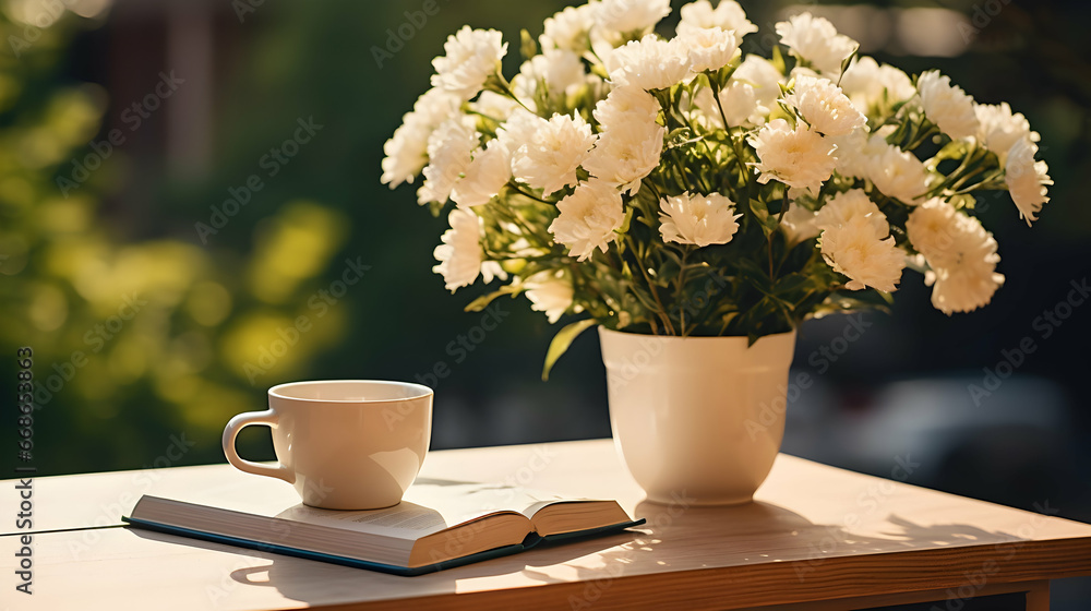 Cup of coffee flowers and notebook on the small black table on terrace at home in a sunny day,Generated Ai Cup of coffee flowers and notebook on the small black table on terrace at home in a sunny day,Generated Ai