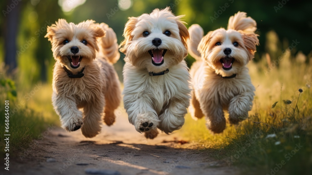 Group of cute dogs running and playing on the green grass in the park, Group of cute dogs running and playing on the green grass in the park,