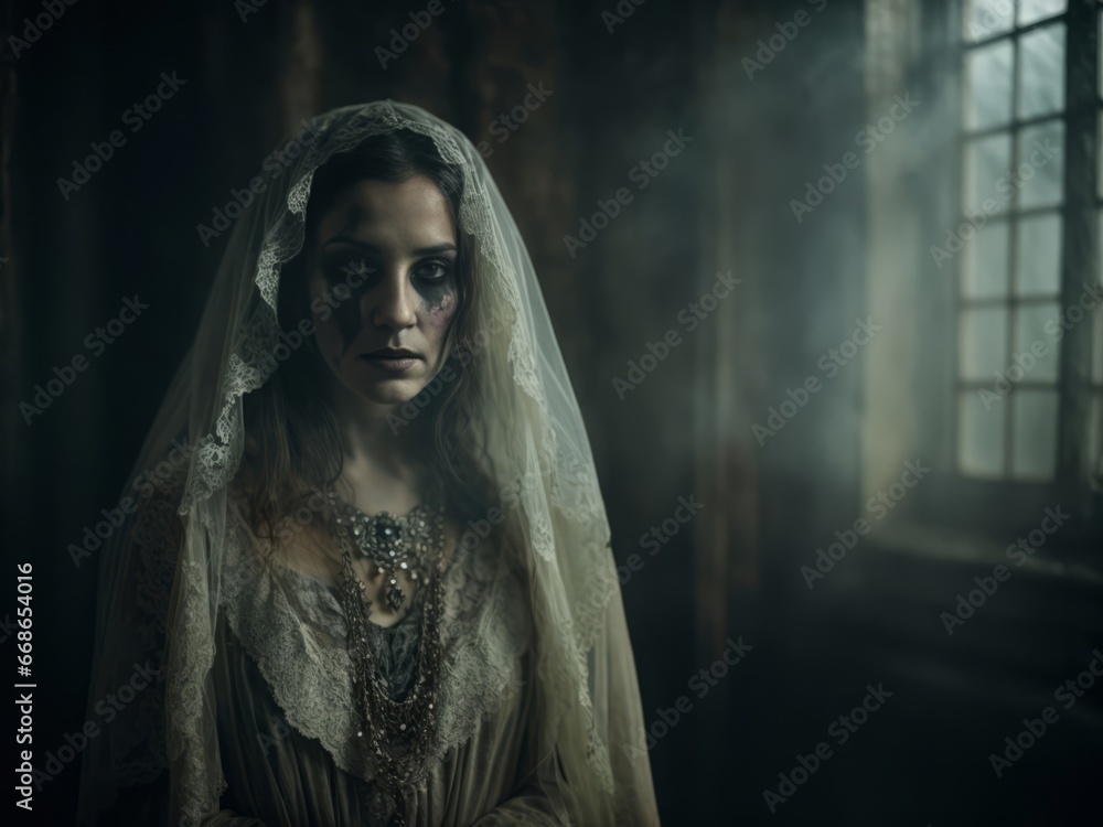 Portrait of a beautiful gothic girl in old castle interior Portrait of a beautiful gothic girl in old castle interior
