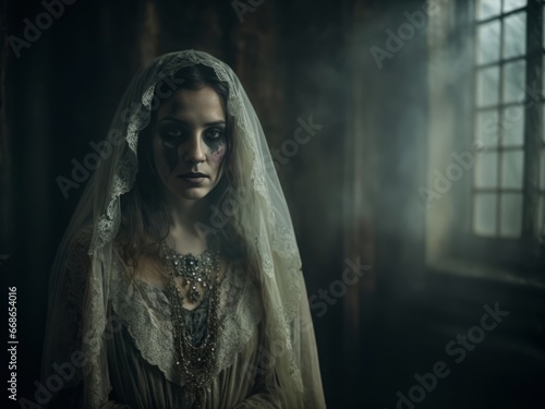 Portrait of a beautiful gothic girl in old castle interior photo