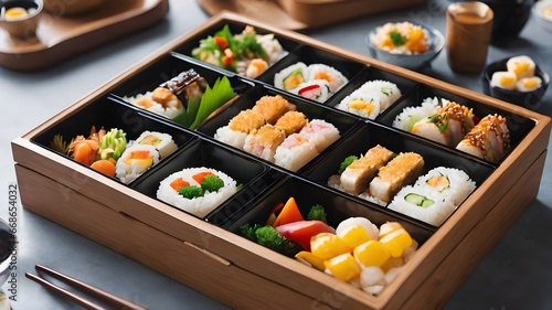 Delicious and Healthy Bento: A Traditional Meal Box with Fresh Rice, Vegetables, and Snacks © spyduckz