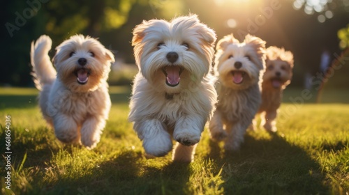 Group of cute dogs running and playing on the green grass in the park,