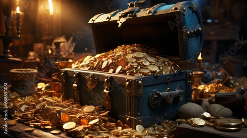 Illustration of opened treasure chest full. Generative AI.