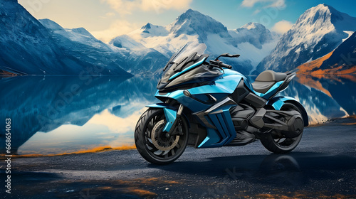 Custom blue motorcycle with a mountain range landscape background,generated with Ai photo