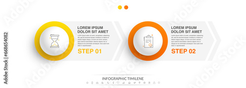 Vector infographics with 2 arrows and circles. Modern business concept graphic process template with two steps and icons. Graphic timeline for a project on white background