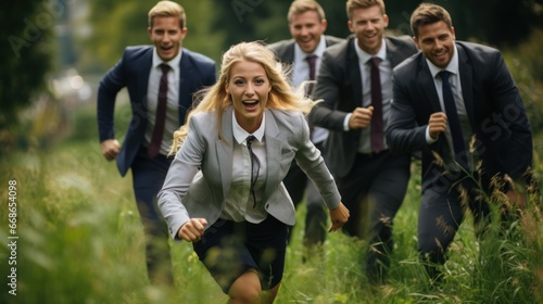 group of business men business woman Cute funny people running and playing on the green grass in the park