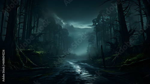 dark fantasy forest road landscape,Generated Ai