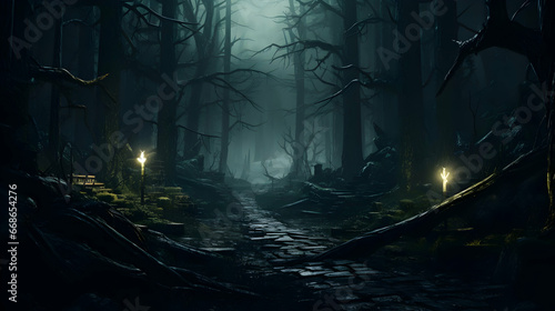 dark fantasy forest road landscape Generated Ai