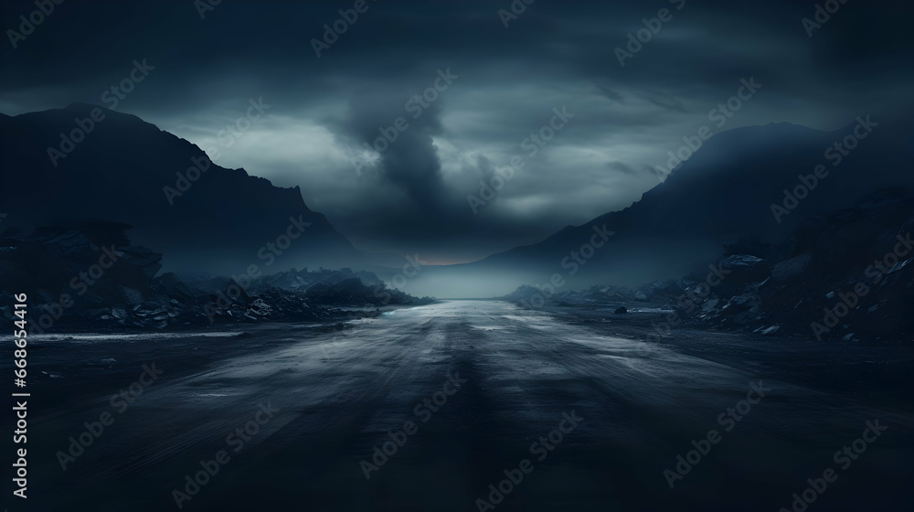 Dark Street, Asphalt abstract dark blue background, empty dark mountain range scene,Generated Ai