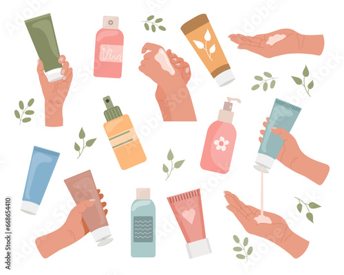 A set of female hands apply cream from a tube. Routine skin care. Daily organic cosmetics. Flat illustration. Vector