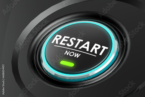 Photos Restart now word on black button