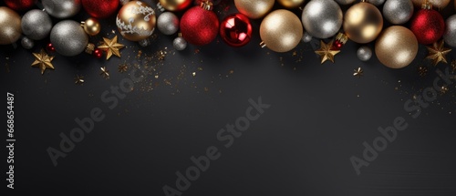 Christmas banner with red and golden balls and golden stars on black background.
