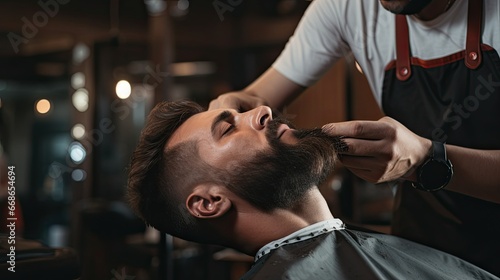 Crop anonymous barber cutting dark beard of brutal male client with scissors while giving professional care in barbershop 