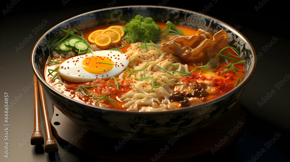 Appetizing bowl of ramen on wooden table,generated with Ai