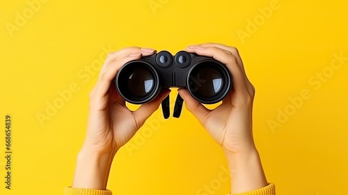 Female hand holds black binoculars on a yellow background. Journey, find and search concept. Banner.
 photo