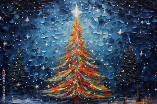 Tableau sur toile Christmas night in the forest with starry sky