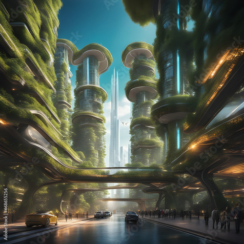 Futuristic city with vegetation covered skyskraper buildings and cars flying around