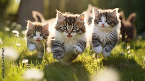 A group of cute cats running and playing on the green grass in the park. photo