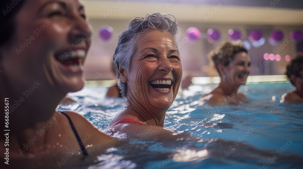 realistic photo of senior women in a pool, exercising together during an aqua fit class. happiness and strong bonds, 
