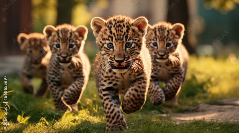 Obraz premium A group of cute leopards playing on the green grass in the park.
