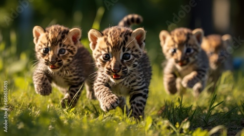 A group of cute leopards playing on the green grass in the park.