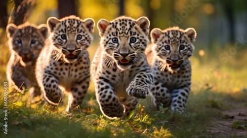 A group of cute leopards playing on the green grass in the park.