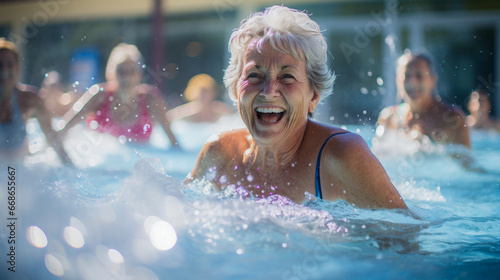 realistic photo of senior women in a pool, exercising together during an aqua fit class.happiness and strong bonds