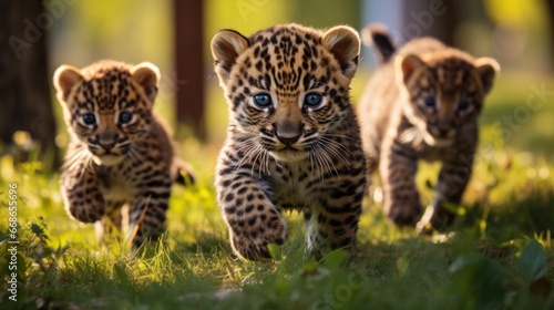 A group of cute leopards playing on the green grass in the park. photo