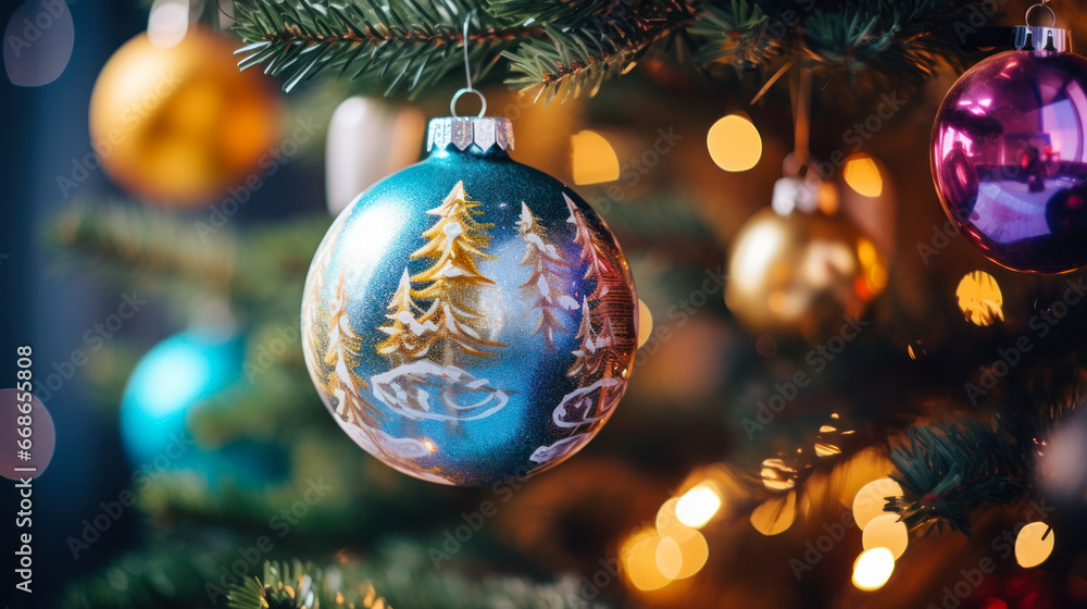 Close-up of Christmas decorations on a Christmas tree. Holiday concept, traditions. Close-up of Christmas decorations on a Christmas tree. Holiday concept, traditions.