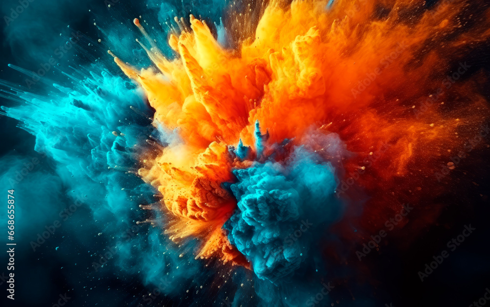 Blue and orange colored powder explosions over black background. Holi paint powder splash.