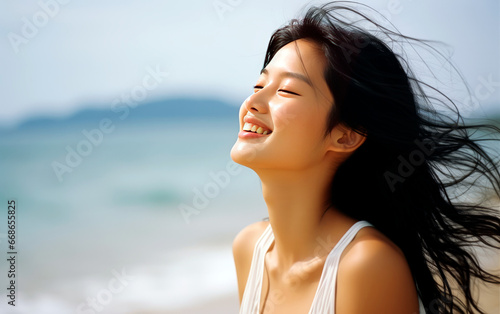 Young asian woman breathing fresh air in the beach. photo