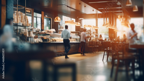 Blurred coffee shop or cafe-restaurant, blurred background of restaurant with people