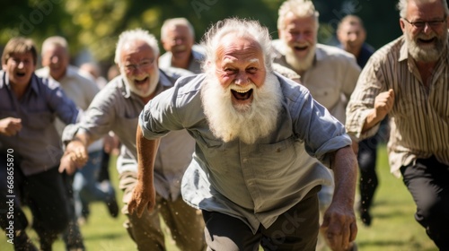 Group of old men and women. Funny, cute people running and playing on the green grass in the park