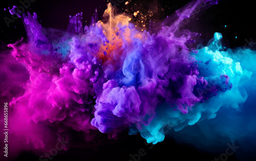 Blue and purple colored powder explosions over black background. Holi paint powder splash.