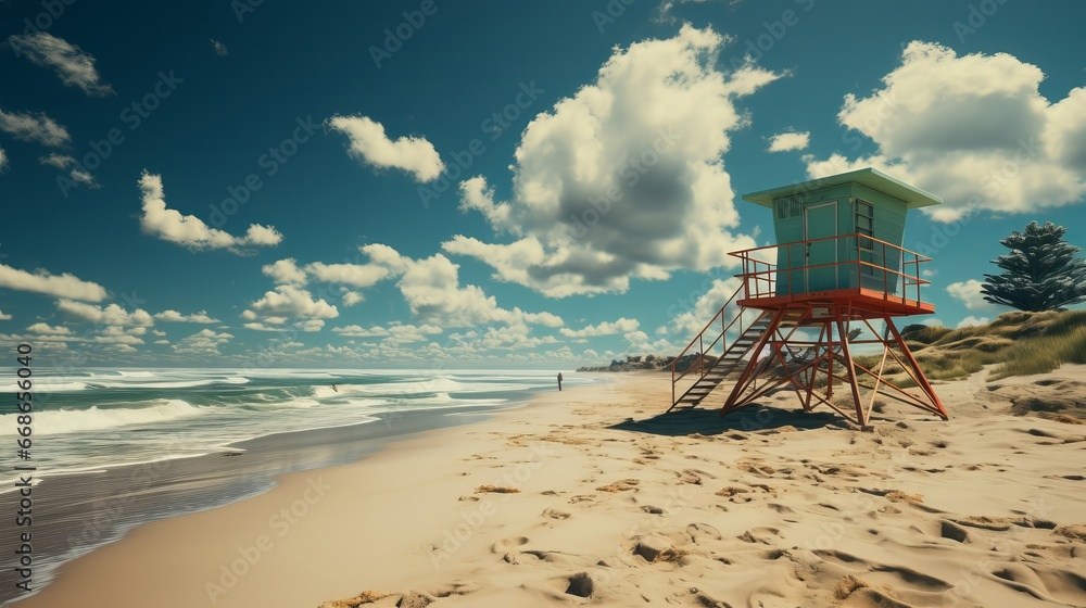 Lifeguard tower on beach. Generative AI. Lifeguard tower on beach. Generative AI.