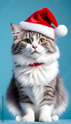 Chat drôle hyperréaliste portant bonnet de noël, un chapeau de Père Noël rouge. Vacances de Noël. Carte de Noël - IA générative © CURIOS