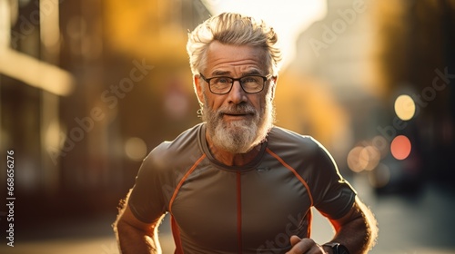 Man goes for a run. Old man lives a healthy life for longevity on the city street in the morning.