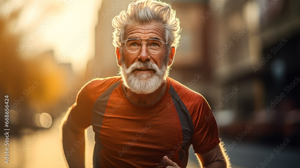 Man goes for a run. Old man lives a healthy life for longevity on the city street in the morning. Man goes for a run. Old man lives a healthy life for longevity on the city street in the morning.