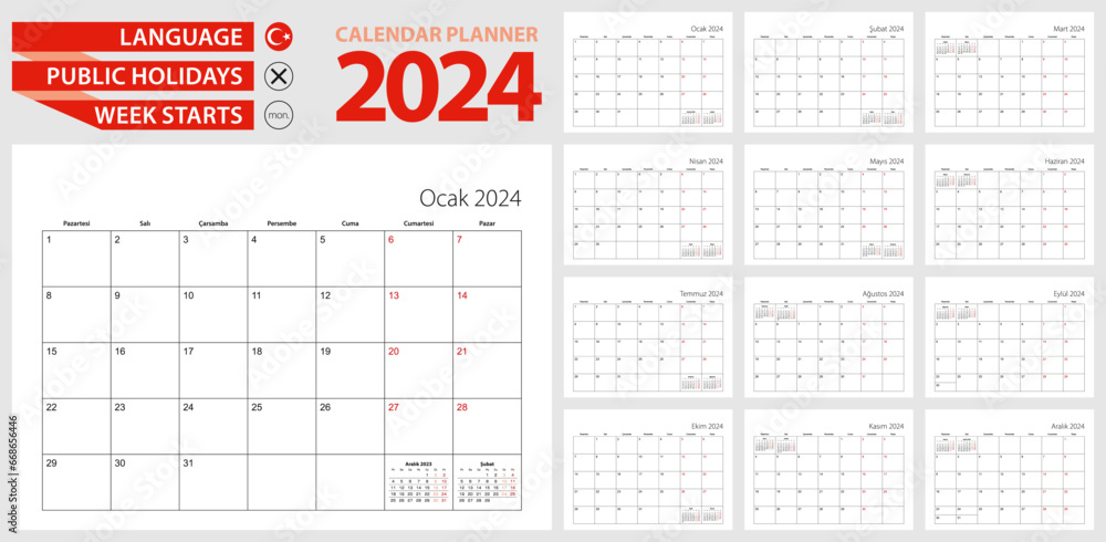 Turkish calendar planner for 2024. Turkish language, week starts from Monday. - obrazy, fototapety, plakaty 