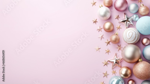 Christmas background with silver and gold decorations on pastel pink background. flat lay. top view.