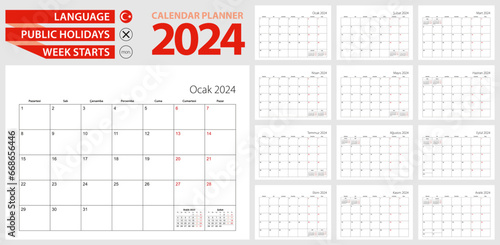 Turkish calendar planner for 2024. Turkish language, week starts from Monday. photo