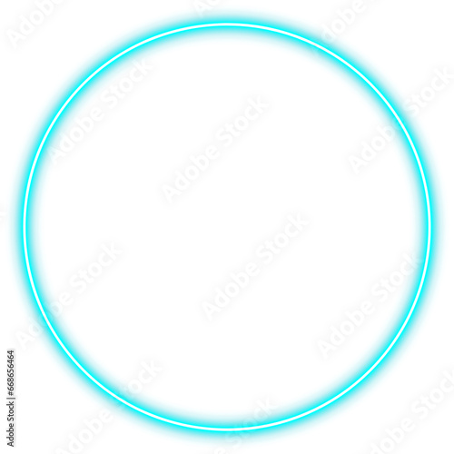 Blue circle neon frame template, round light sign, geometric glow outline border with space for text, png isolated on transparent background.