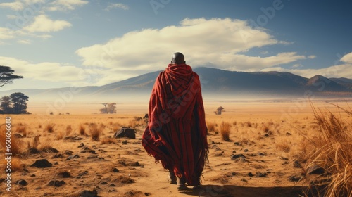 Maasai warrior standing proudly on the vast. Generative AI. © ProVector