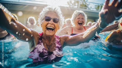 realistic photo of senior women in a pool, exercising together during an aqua fit class. happiness and strong bonds photo